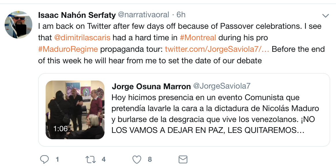 Nahon-Serfaty back on Twitter April 23 2019